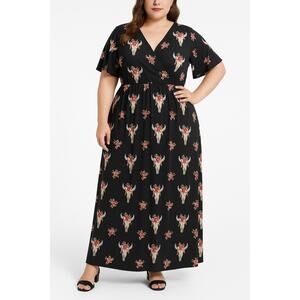 MISSLOOK Dress Womens 2XL Black Maxi Floral Skull Print Short Sleeve VNeck Boho